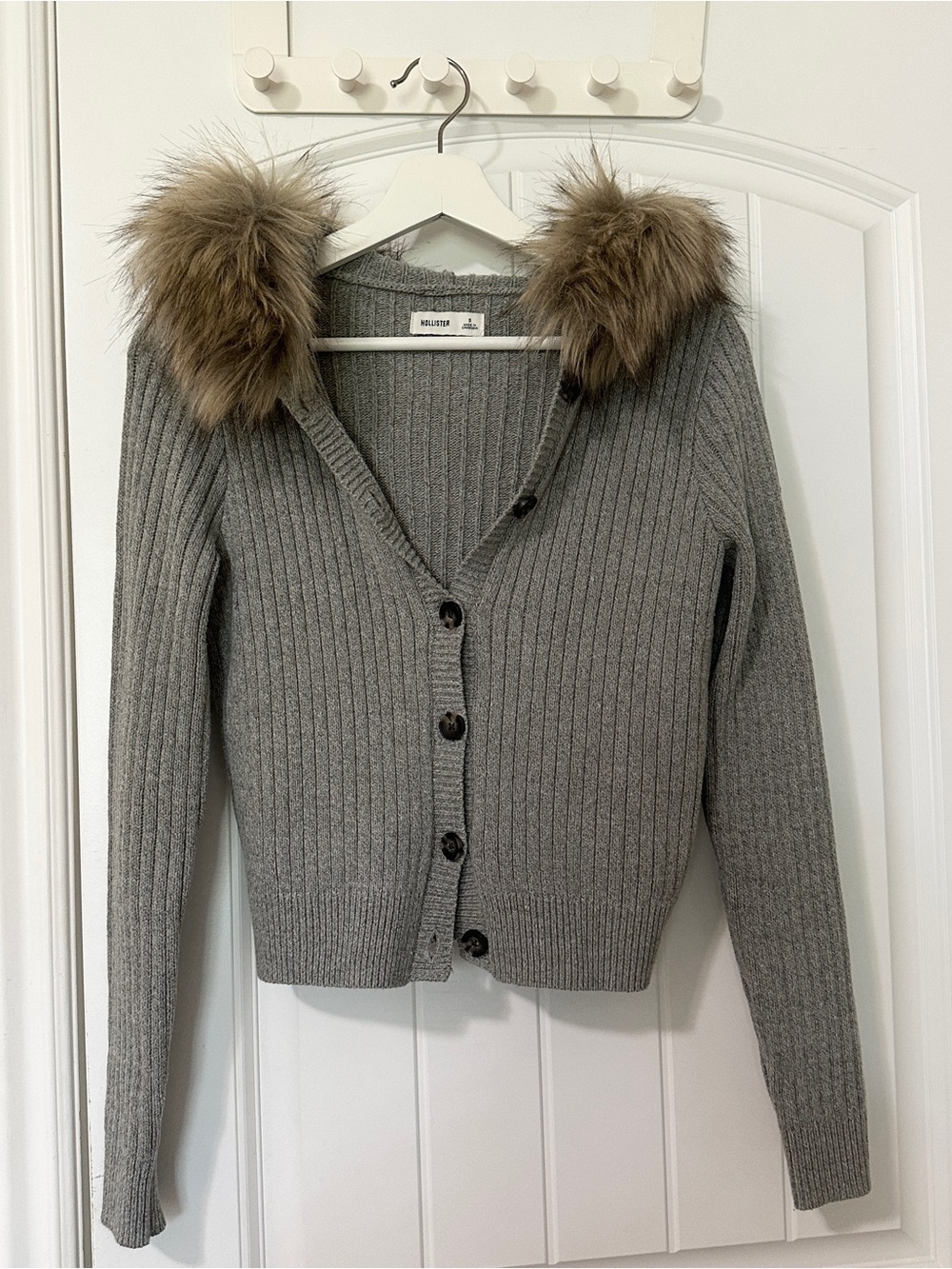 Hollister Gray Ribbed Cardigan with Removable Fur-Trim Hood